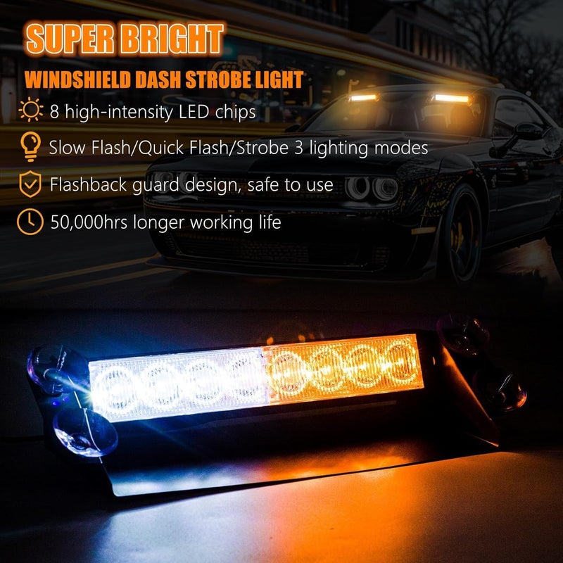 NWpangu LED Emergency Strobe Light for Windshield, 12V Flash Warning Light w/Suction Cups for Construction Vehicles Trucks Traffic Safety Police, Amber&White. - Image 2